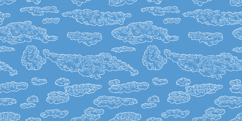 White clouds in blue sky, contour hand drawings, seamless pattern, vector, blackground, wallpaper, paper, textile