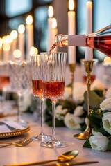 Elegant pouring of rose wine into tall glasses during a candlelit dinner setting