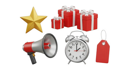 Collection of holiday and promotional icons including gifts star alarm clock megaphone and tag isolated on transparent background