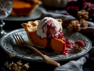 spooky Halloween pumpkin pie with ice cream and raspberry sauce