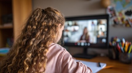 mixed race teen school girl college student distance learning during virtual remote class group online lesson on video conference call with teacher on computer screen studying at home by videocall no