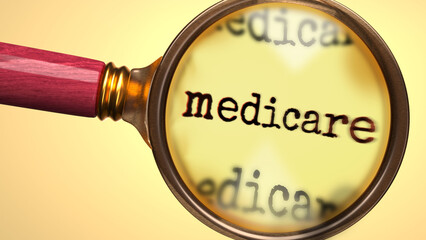 Medicare being studied under magnifying glass. Focusing on a topic of medicare. Taking a closer look at medicare. Examination of it ,3d illustration