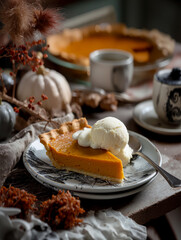 spooky Halloween pumpkin pie with ice cream and raspberry sauce