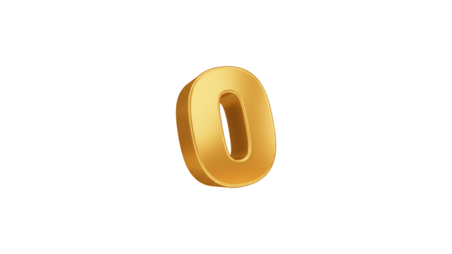 Golden 3D Number Zero Isolated on Transparent Background