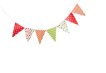 A carnival garland with multicolored flags on a white background.