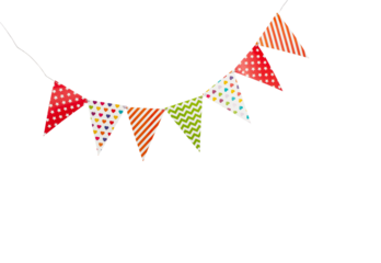 A carnival garland with multicolored flags on a white background.