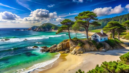 Idyllic white house perched on a rocky cliff overlooking a turquoise ocean cove with sandy beach and lush green trees under a bright blue sky with fluffy white clouds