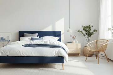 Fototapeta premium Bright Nordic Bedroom with Blue Tones and Natural Wood Furnishings