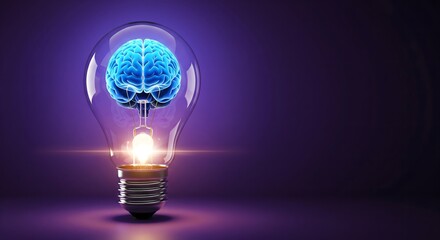 Innovative idea shining bright inside light bulb with brain, concept for creativity, intelligence and imagination on purple backdrop