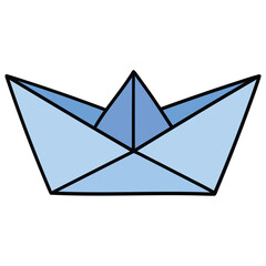 Hand-drawn cartoon origami blue paper boat on a white background.