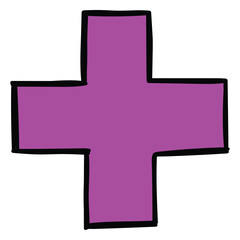 Obraz premium Hand-drawn cartoon purple plus sign on a white background.