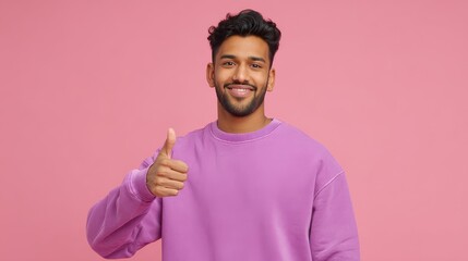 young indian man wearing purple sweatshirt standing over isolated pink background success sign doing positive gesture with hand thumbs up smiling and happy cheerful expression and winner gesture no l