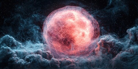 Abstract red orb glowing amidst blue nebula with a starry background