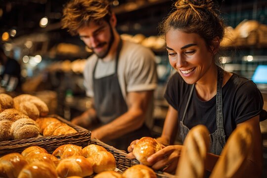 Young bakers smiling while preparing bread rolls in a warm bakery atmosphere
