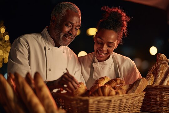 Bakers smiling while preparing fresh pastries at a night market in a cozy urban setting
