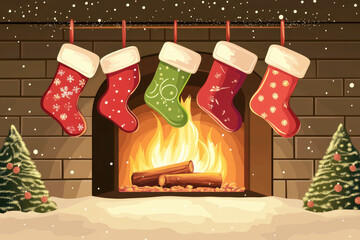 Stockings hanging by fireplace with christmas trees and snow