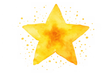 Yellow watercolor star with paint splatters, symbol of success, quality, rating, and celebration on transparent background