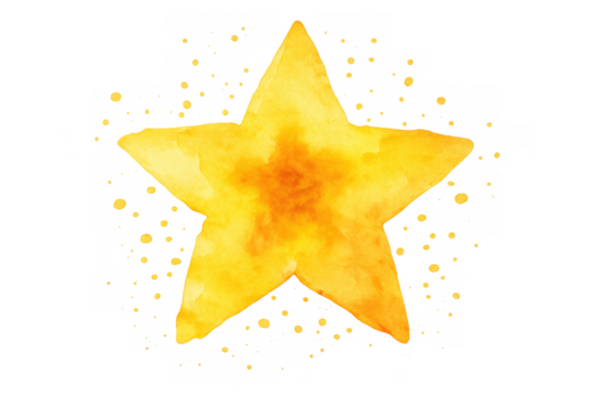 Yellow watercolor star with paint splatters, symbol of success, quality, rating, and celebration on transparent background