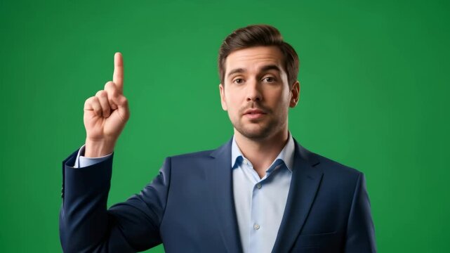 Young man with closed eyes then opening them in surprise and pointing finger up with chroma key, video footage