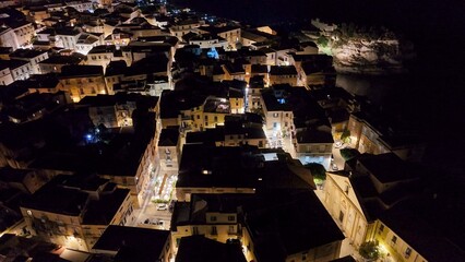 Aerial night view of Tropea town and coastline illuminated during summer from a drone