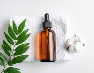 Fototapeta premium Essential oil bottle with green leaves, cotton, and a white towel on a white background