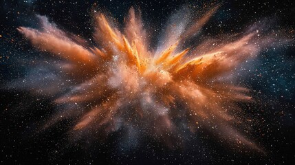 Dust explosion, orange and white particles against speckled dark blue, star-like background