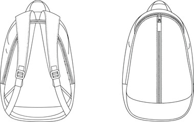 Backpack technical drawing, front view, rear view, zipper design, shoulder straps, adjustment buckles, product sketch, gear blueprint, line art, manufacturing concept