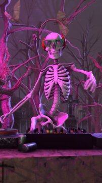 Seamless vertical video of a skeleton djing with turntables and bats flying around in a cemetery at night. Funny halloween background for parties and events.