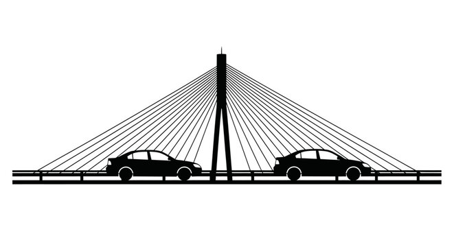 A silhouette of a cable stayed bridge with cars driving across it