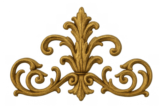 Ornate golden baroque ornament with detailed acanthus leaf scrolls, providing a classic luxury design element. Transparent background