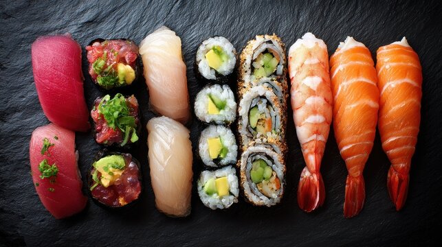 top view of variety of sushi food high angle view of nigiri maki hosomaki uramaki and roll with tuna salmon avocado and shrimp in a row traditional japanese food with raw fish and rice no logos no br