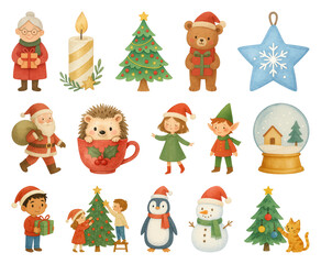 PNG Festive Christmas cartoon characters, element set on transparent background