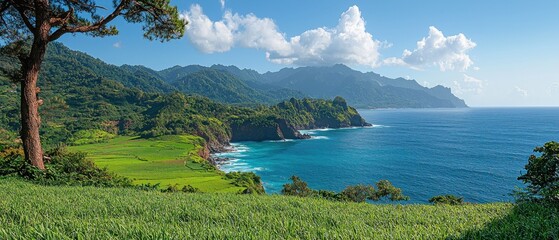 Lush coastal vista with green hills meeting azure ocean under a sunny sky