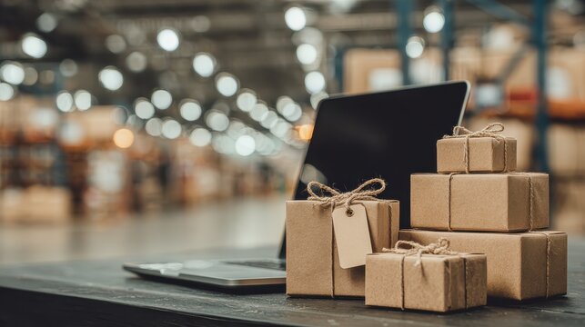 table with laptop and gift boxes with sale tags on table in warehouse online ecommerce retail business black friday discounts deals free shipping best buy holiday offers concept storage background no