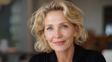Fototapeta premium smiling sophisticated 50s middle aged blond business woman looking at camera happy mature elegant old lady professional businesswoman posing at home office headshot close up portrait no logos no bran