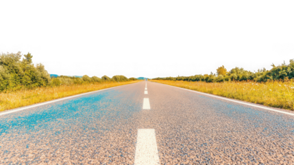 An empty asphalt road stretching into the distance with green fields on either side isolated on transparent background