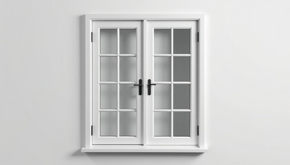 Obraz premium Modern White French Window with Black Handles and Clear Glass Panels on a Minimalistic Wall Background