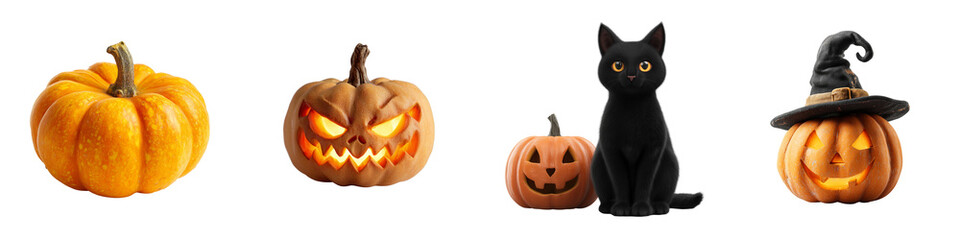 Set of Halloween pumpkins with black cat and witch hat transfer background