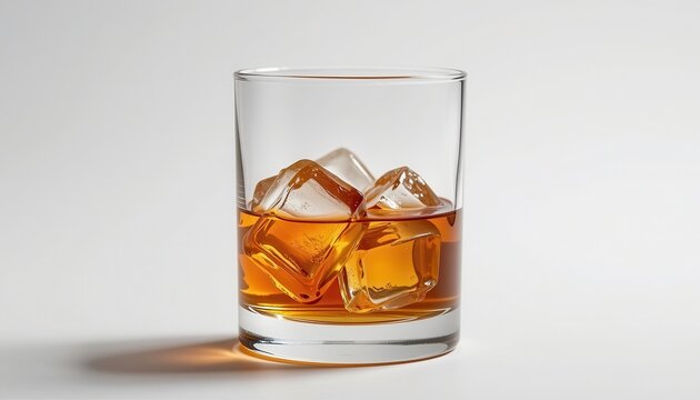 Glass of whiskey with ice cubes isolated on a light background showcasing luxury and sophistication in drink style