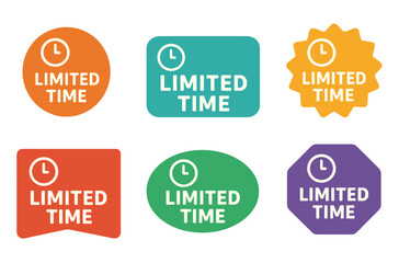 Colorful limited time offer badges with clock icons in various shapes