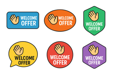 Obraz premium Colorful welcome offer badges with waving hand icons in various shapes and colors