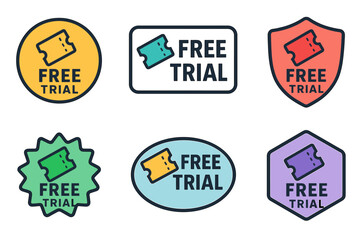 Colorful free trial badge designs in various shapes and styles