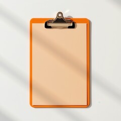 Blank Clipboard with Orange Border on White Surface under Soft Natural Light for Creative Projects and Notes