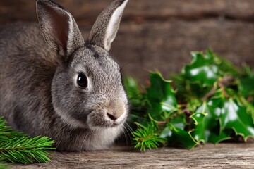 Close-up of a rabbit with a silky coat near Christmas greenery