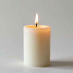 Simple White Candle with Flame on Neutral Background, Perfect for Relaxation, Meditation, and Ambiance