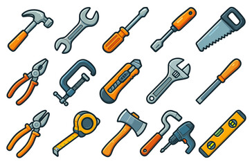 Fototapeta premium Collection of hand tools: hammer, wrench, screwdriver, saw, pliers, level, drill, tape measure, ax