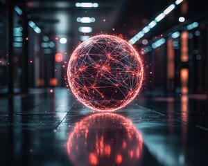 Red glowing network sphere floats in a dark, blurred, reflective corridor