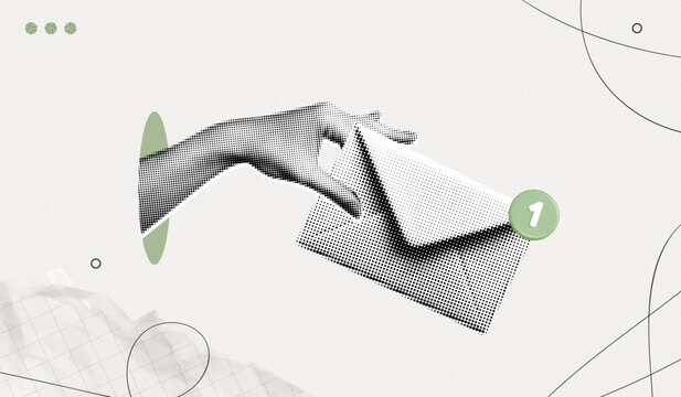 Trendy Halftone Collage Hand holding closed envelope with one notification. New message or letter in email. Online communication. Social media marketing. Contemporary vector illustration art
