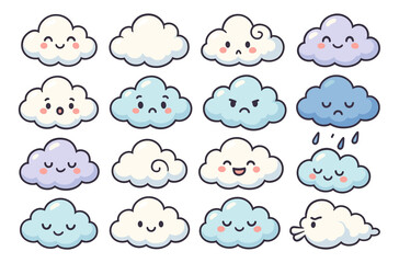 Cute cartoon clouds with various expressions and emotions on white background