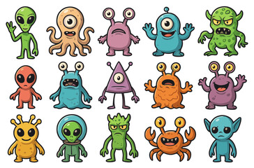 Obraz premium Colorful cartoon aliens and monsters with unique designs and expressions